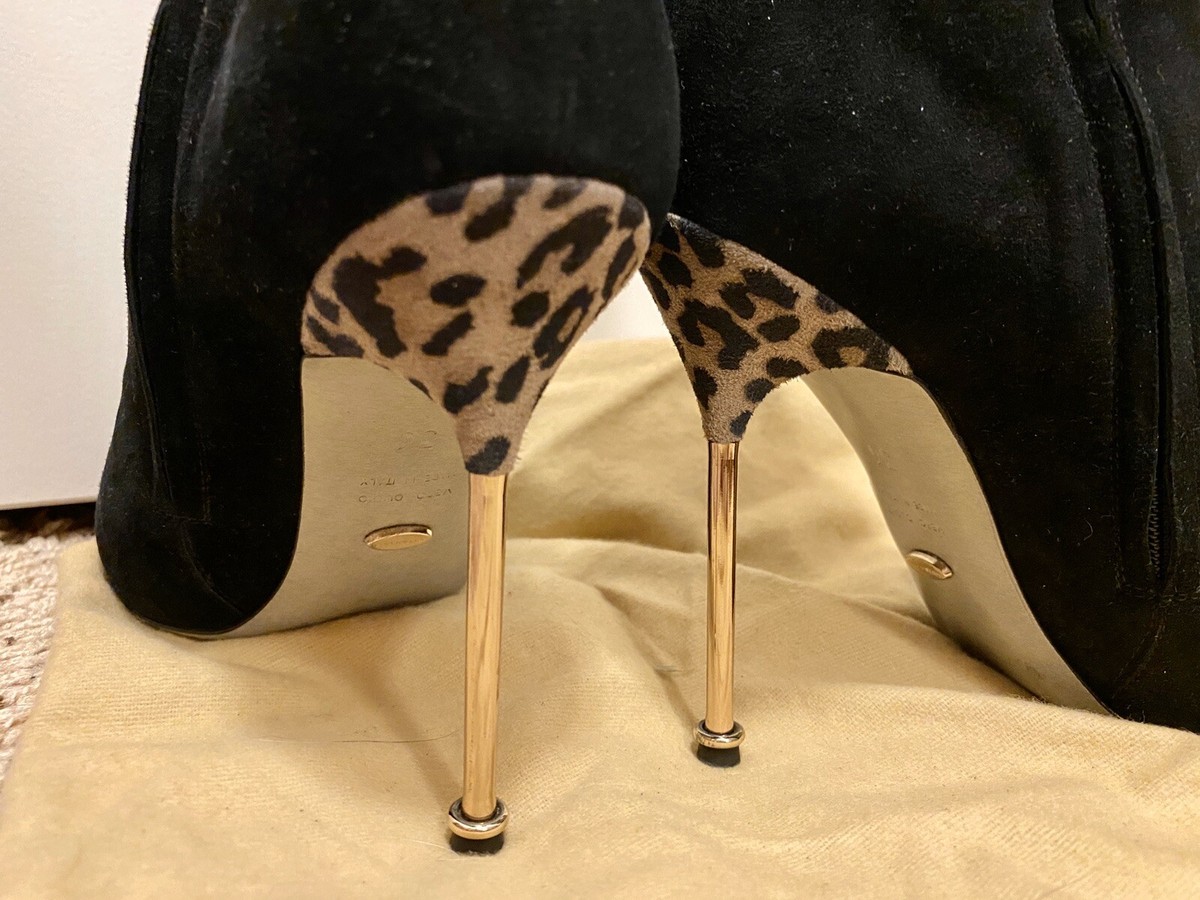 SERGIO ROSSI Black Suede Pointed Toe Zipper Bootie, Leopard SERGIO ROSSI Black Suede Pointed Toe Zipper Bootie, Leopard