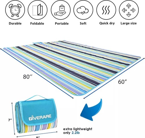 GIVERARE Picnic/Beach Blanket ~ XL ~ Sand-Free ~ Waterproof ~ NEW ~ Free Shippin - Picture 4 of 8
