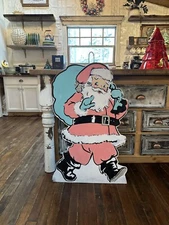 Vintage PINK Large Santa Hand Painted Wood Wall Display 28”x40” Sign KITSCH