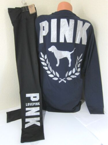 BLING Victoria Secret Pink ENSIGN GLITTER LOGO TEE SHIRT L + LEGGING PANT XL SET