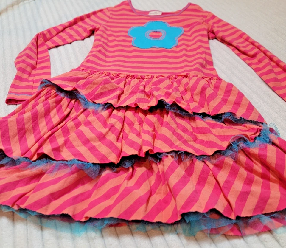 Hanna Andersson девочек розовый синий тюль в полоску оборки ярусный цветок платье sz 12 - Изображение 3 из 4
