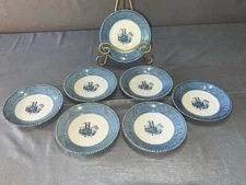 7 -Vintage Currier and Ives Royal China Paddle Wheel Riverboat 6"in Saucers 