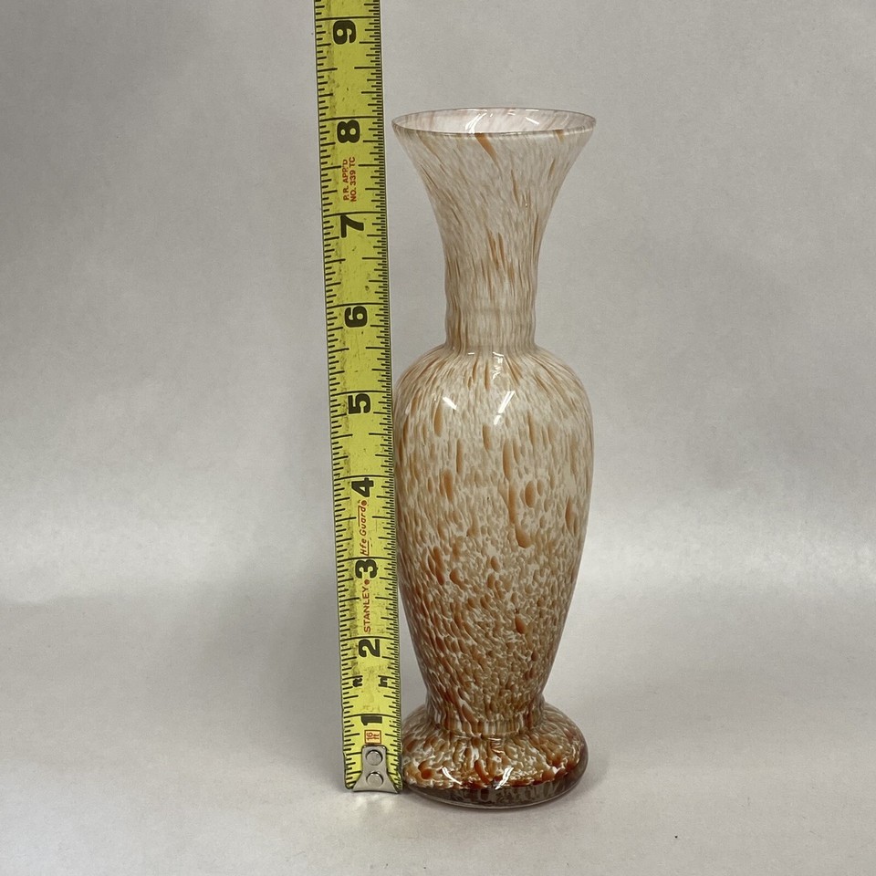 Art Glass Vase Orange White Confetti Splatter Swirl MCM 8” Handcrafted