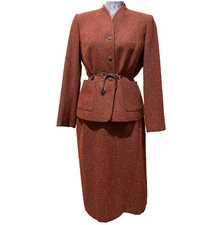 Kasper Womens Suit Jacket Skirt 2 PC Tweed Red Textured Leather Tassel Belt 8P