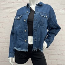 Unbranded Women's Button Up Frayed Cropped Blue Denim Jacket Size S
