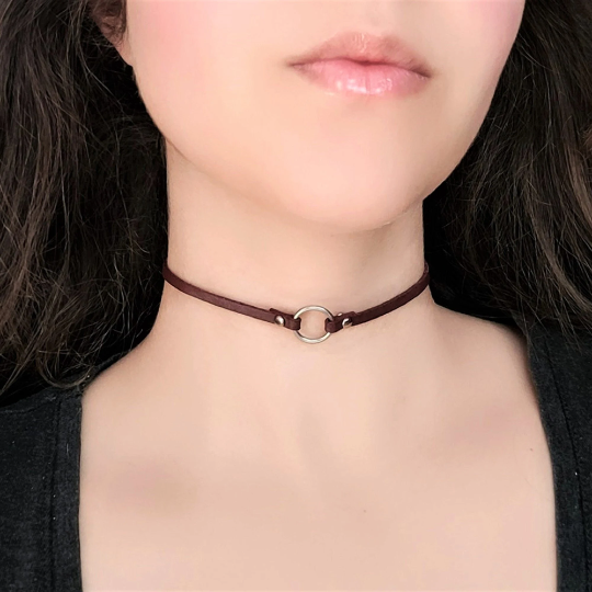 Burgundy Red Faux Leather O Ring Choker Collar Goth Punk Necklace