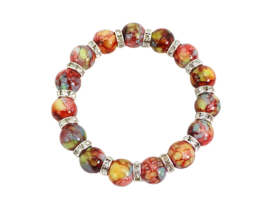 Pulsera elástica de cuentas de vidrio multicolor rojo con cuentas espaciadoras de cristal - Nueva Foto 3 de 3