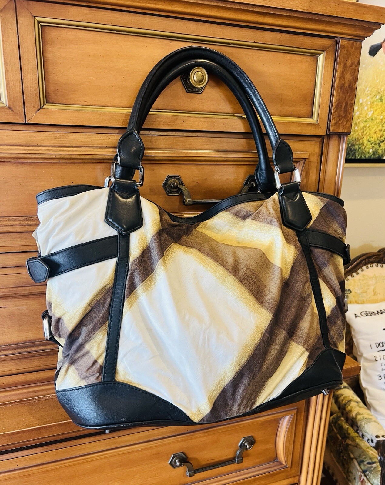 Burberry Stripe Fabric & Leather Buckle Shoulder Tote Bag Large