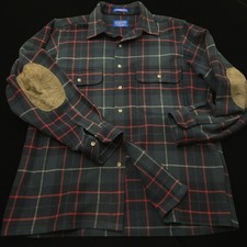 Pendleton MADE USA Button Shirt Jacket -M 100 Wool Black Green Elbow Patches