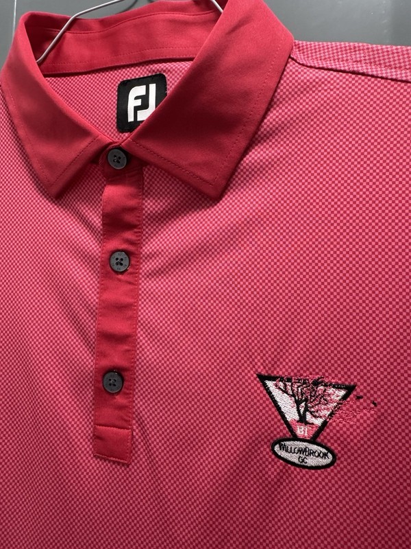 FootJoy FJ Men Large L Mini Check Lisle Golf Polo Shirt Ruby Pink Willowbrook GC