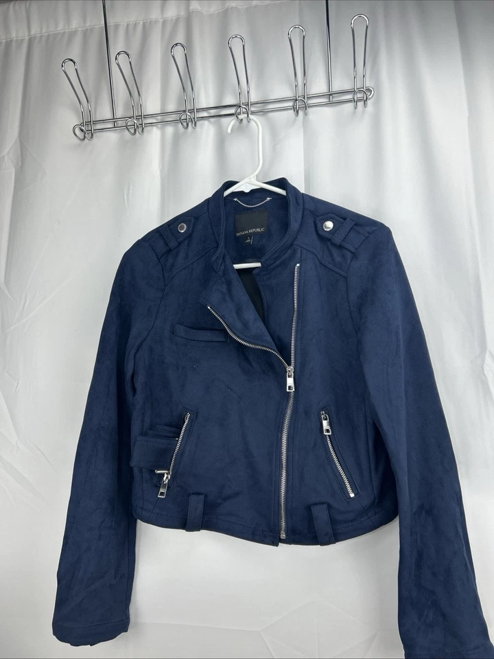 Blazer Banana Republic azul marinho falso vegano camurça jaqueta moto ~ M3020 pequeno - Imagem 3 de 4
