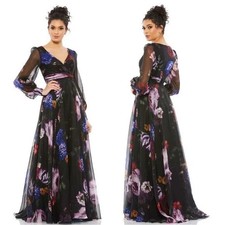 Mac Duggal Black Multi Floral Long Sleeve Chiffon Gown Size 6 $598