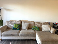 NEXT Beige Fabric Corner Sofa Chaise Rolled Arms Cushions 5 Seat 200x220