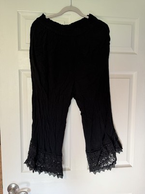 American Eagle Women s Crinkle Gauze Viscose Pants Lace Hem Black Size Large