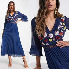 ASOS DESIGN Floral Embroidered Lace Pleated Midi Dress - Navy | Size 4