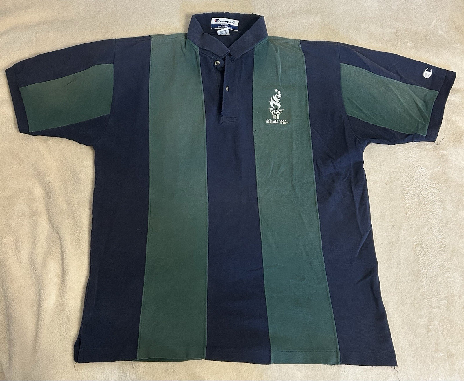 Vintage Champion 1996 Atlanta Olympics Vertical Striped Polo Mens L Blue Green