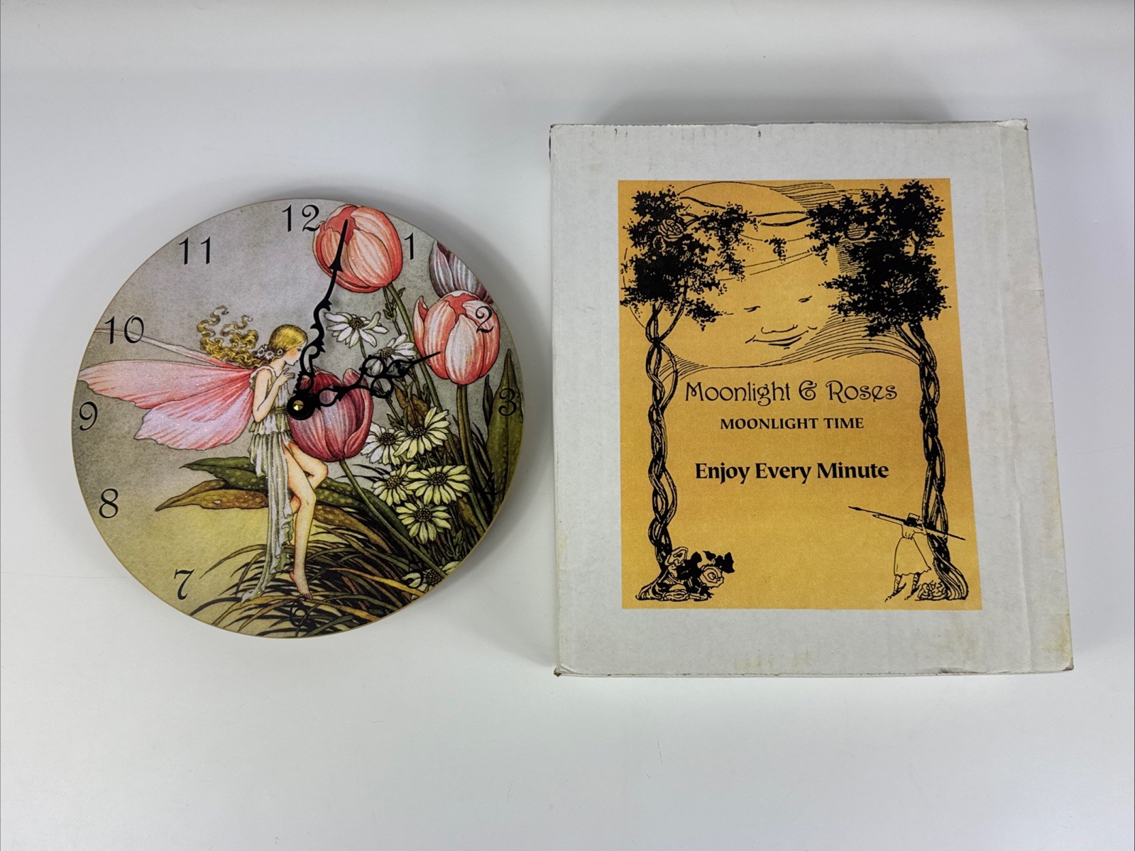 Moonlight And Roses Wall Clock Fairy and Tulips Glitter Wall Decor 10.5" W/Box