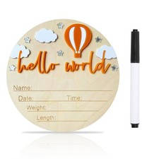 Baby Announcement Sign, 5.9 Inch Wooden Hello World Newborn Signs, Birth Anno...