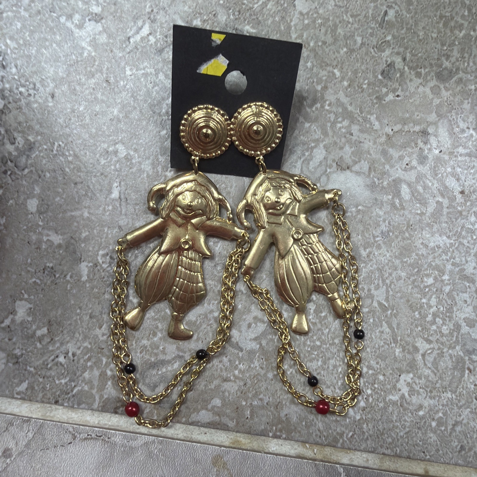 Vintage Dangly Clown Earrings Gold Tone