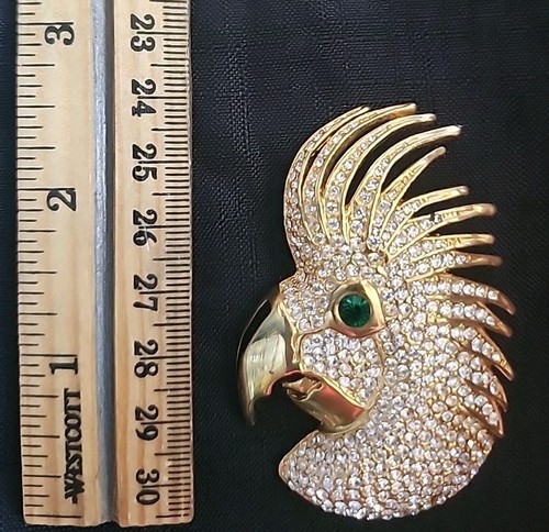 Kakadu Brosche Anstecknadel mit klaren Strasssteinen grün Strass Auge silberfarben