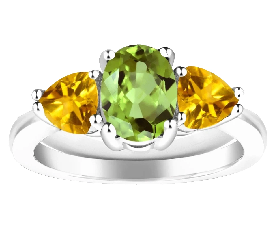 2.10 Ct Natural Peridot and Citrine Three Stone Women Ring 925 Sterling Silver - Image 3 of 4