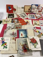 50 + Vintage Christmas Used Greeting Card Lot & Ephemera Craft Scrapbook 1930-48
