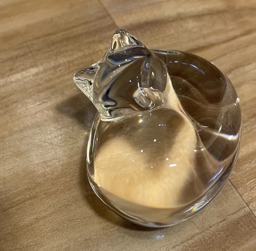 Steuben Glass Sleeping Cat Paperweight, Hand Cooler, Vintage, Rare, Signed