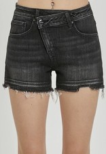 RISEN RDS6075X Black Denim Asymmetrical Crossover Waist Jean Shorts Size 1XL NWT