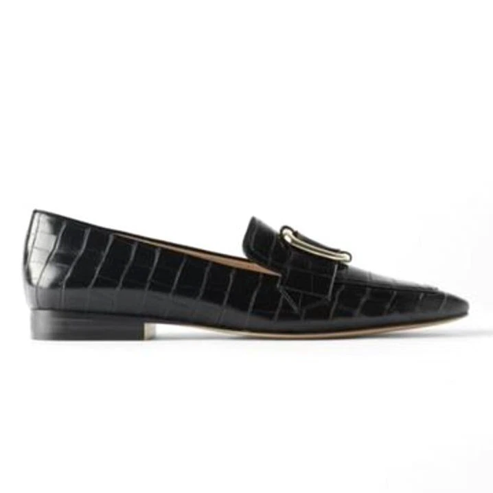 ZARA Croc Embossed Loafers Buckle Black 39 US 8 Square Toe Slip On Animal Print - Image 4 of 4