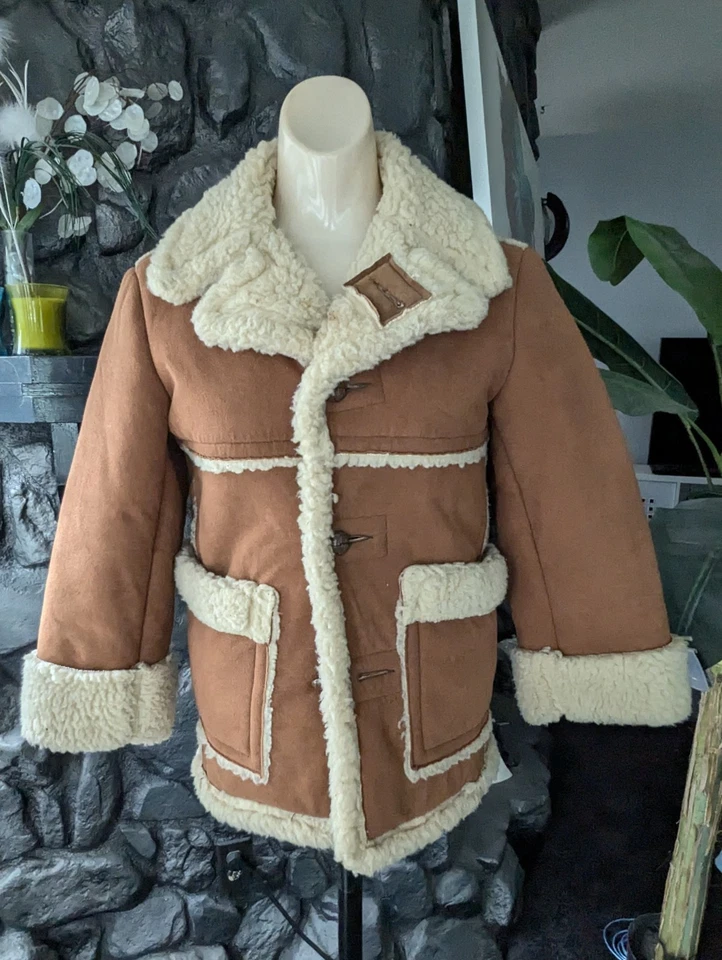 Chaqueta De Colección Años 70 Sears Niños Imitación Piel de Oveja Piel de Oveja Talla 12 Parche Pkts Puños Doblados Foto 2 de 4