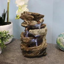 Tiered Rock and Log Indoor Water Fountain with LEDs - 10.5 in by Sunnydaze