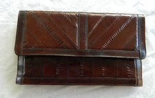 Vintage Genuine Eel Skin Purse Clutch Slim Brown Leather w/Shoulder Strap Korea
