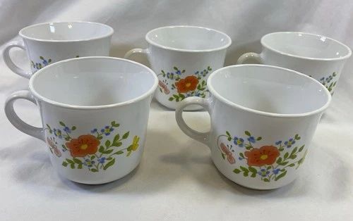 Set of 5 Vintage Corning Ware Corelle Wildflower Coffee Tea Cups/Mugs USA