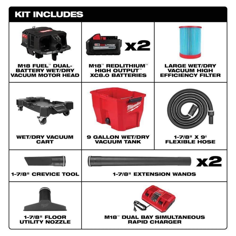 Milwaukee Wet Dry Shop Vac Kit 9 Gal. 18V Dual Battery AIR TIP