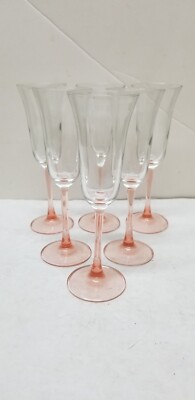 6 VTG LUMINARC FRANCE PINK ROSE STEM CHAMPAGNE FLUTES GLASSES 8 5/8''