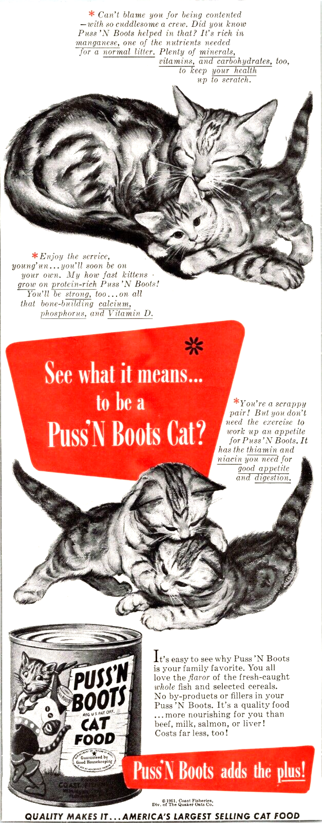 PUSS' N BOOTS CAT FOOD PRINT AD 1951 SLEEPING MAMA CAT THREE PLAYFUL