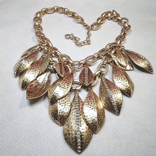 Gold Tone Leaf Rhinestone 2 Strand Necklace 14 Inch Plus Extender New