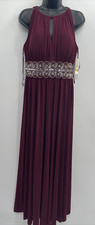 R M Richards Women's Embellished Front Slit Gathered Halter Dress Size 12 Merlot