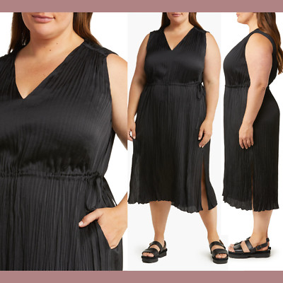 NWT $425 VINCE [ PLUS 1X ] V Neck Side Tie Plissé Dress in Black #Q884