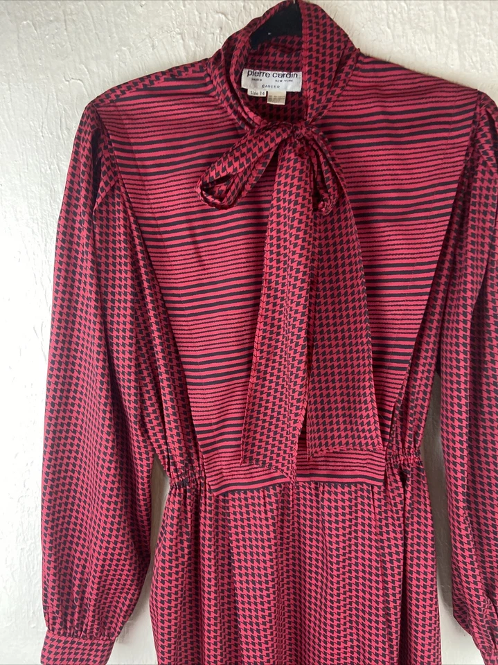 Vestido Pierre Cardin Vintage Carrera Manga Larga Rojo Negro Pata de Gallo Talla 14 Foto 4 de 4
