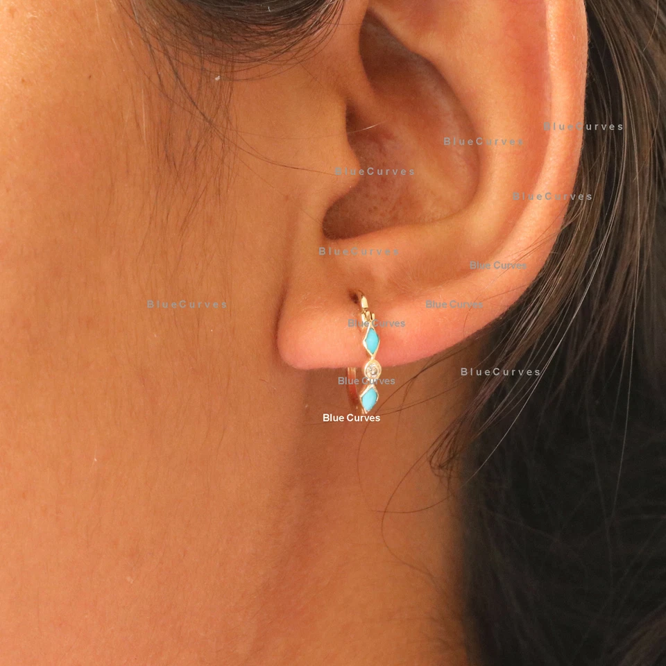 Aretes tipo argolla de diamantes turquesa de oro rosa de 18 quilates joyería fina de regalo de cumpleaños Foto 2 de 4