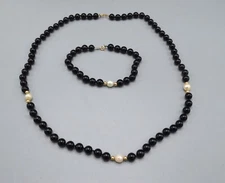 World Wide Imports 14k Yellow Gold Onyx Pearl Bead Bracelet & Necklace Set