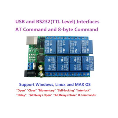 8CH DC 5/12/24V USB Serial Port Relay Module UART RS232 TTL Switch Board CH340