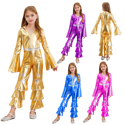 US Girls Flare Sleeve Shiny Metallic Jumpsuit Movie Star Singer Fancy Dress Up