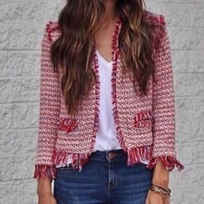 Zara Woman Red Tweed Boucle Blazer Jacket L 12-14 Frayed Fringe Fantasy Blogger