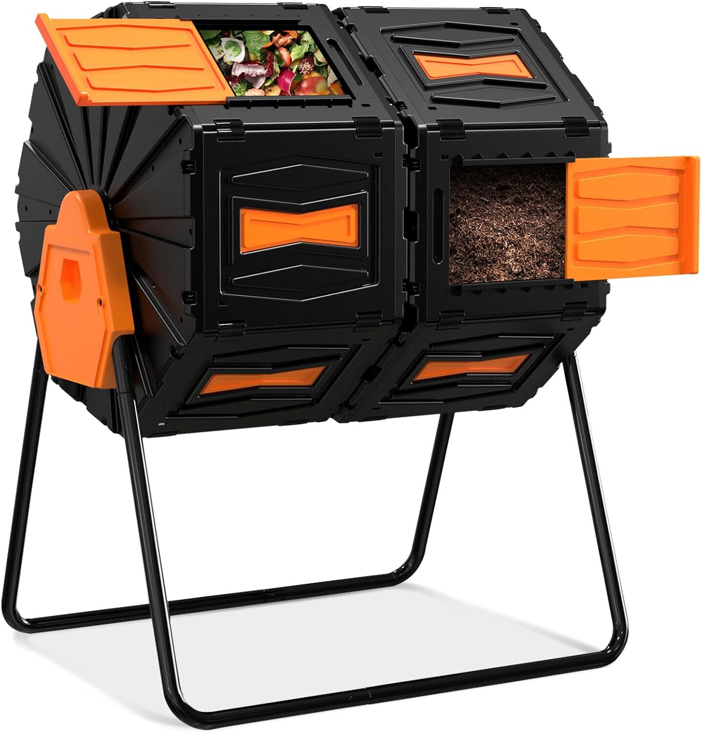 45 Gallon Dual Compost Bin Outdoor Tumbling Composter Chamber w/2 Sliding Doors