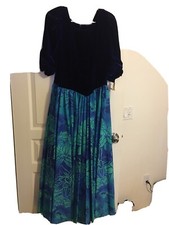 Women Hawaiian dresses. NWT. Blue velvet top sewn to blue polyester print.