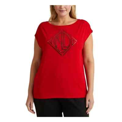 Ralph Lauren L58057 Womens Red Sequined Logo Graphic Cap Sleeve T