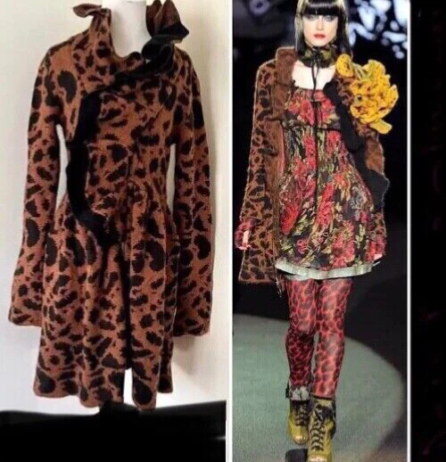 Betsey Johnson Runway Vintage S Angora Leopard  Sweater Coat Ruffle Front Zip-up