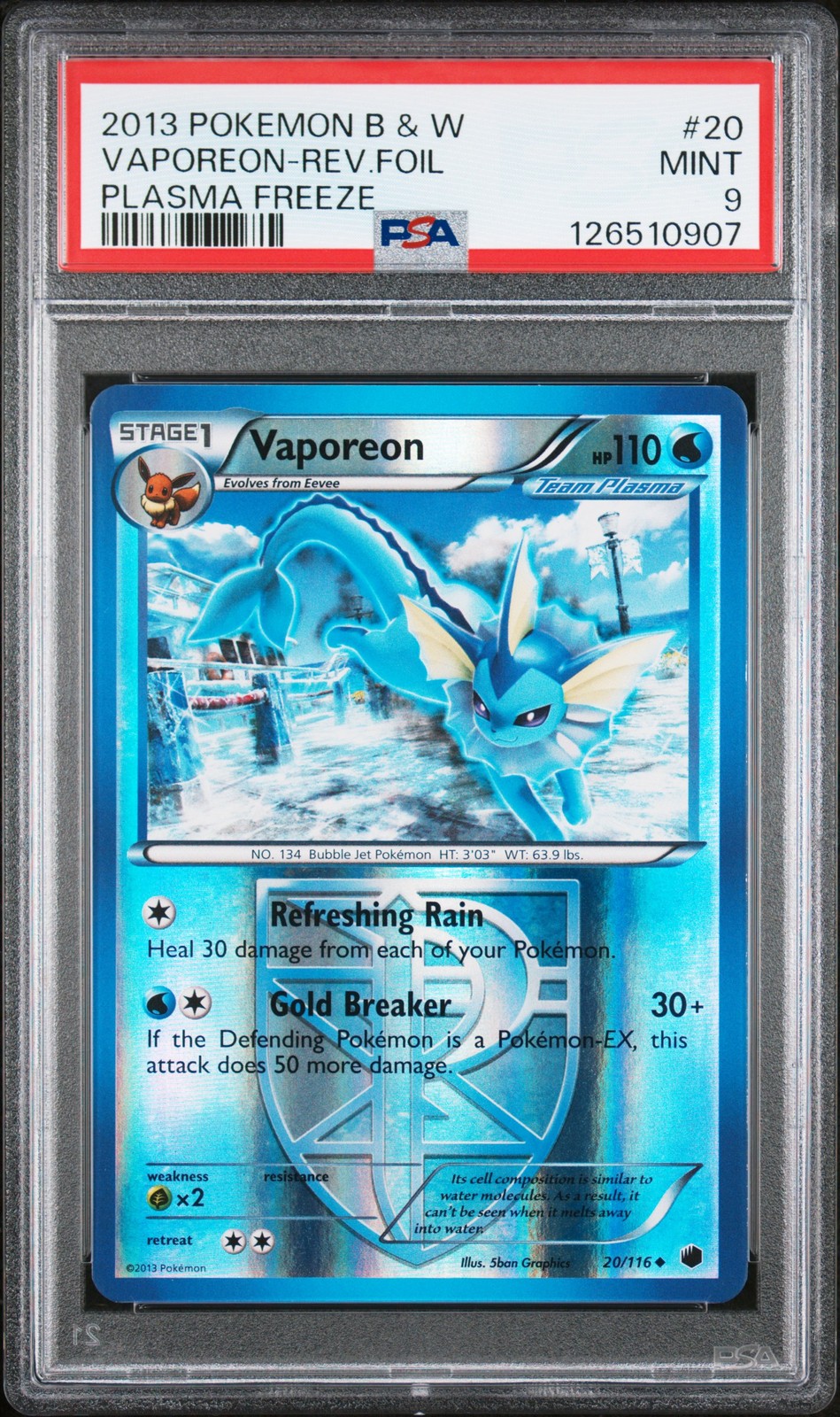 2013 POKEMON B&W PLASMA FREEZE #20 VAPOREON-REVERSE FOIL PSA 9